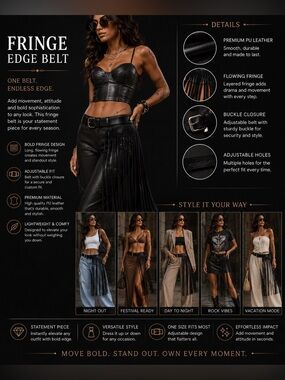 Fringe Edge Belt – Black PU Leather Fringe Belt